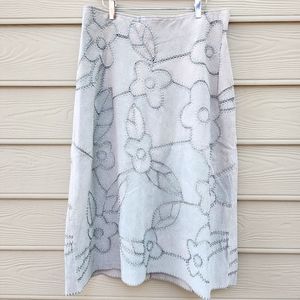 DIALOGUE Light Blue Floral Pattern Stitching Leather Midi Skirt